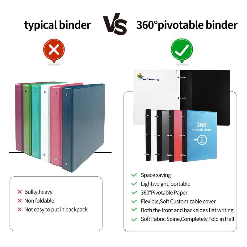 Tashkummy 360 Degree Pivotable Binder, Upgraded 3 Ring Binder 1 inch 4 Pack, Flexible Binders 3 Ring, Foldable Three Ring Binders- Black, White, Blue, Red - Image 3
