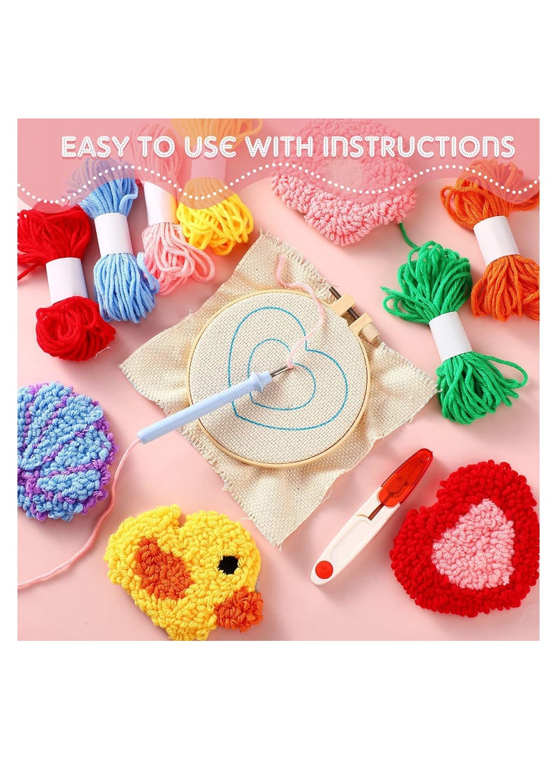 Punch Needle Coasters Kit 20 Pcs Includes 6 Cloth with Pattern Yarn 6 Adhesive Felts 5 Hand Tools Wooden Embroidery Hoop and Instruction for Adults Kids Beginners Starter Mug Tufted Rug Making Set - Image 2