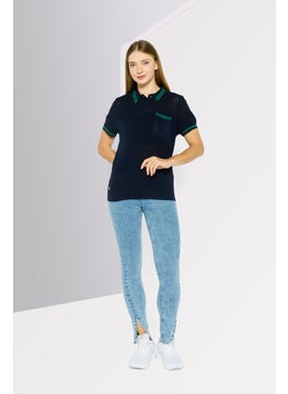 LACOSTE Women Regular Fit Short Sleeve Textured Polo Shirt, Navy  - Image 3