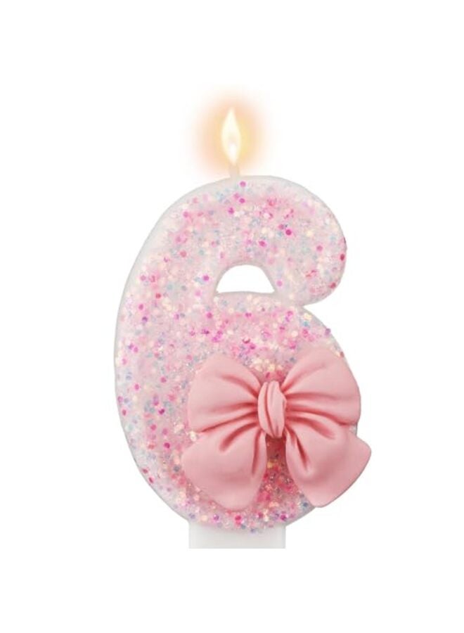 Pink Number Birthday Candle, Girl Birthday Party Pink Theme Decorations Supplies, 3D Bow Designed Glitter Pink Number Candles for Birthday Cake Topper Decorations (6#) - Image 1