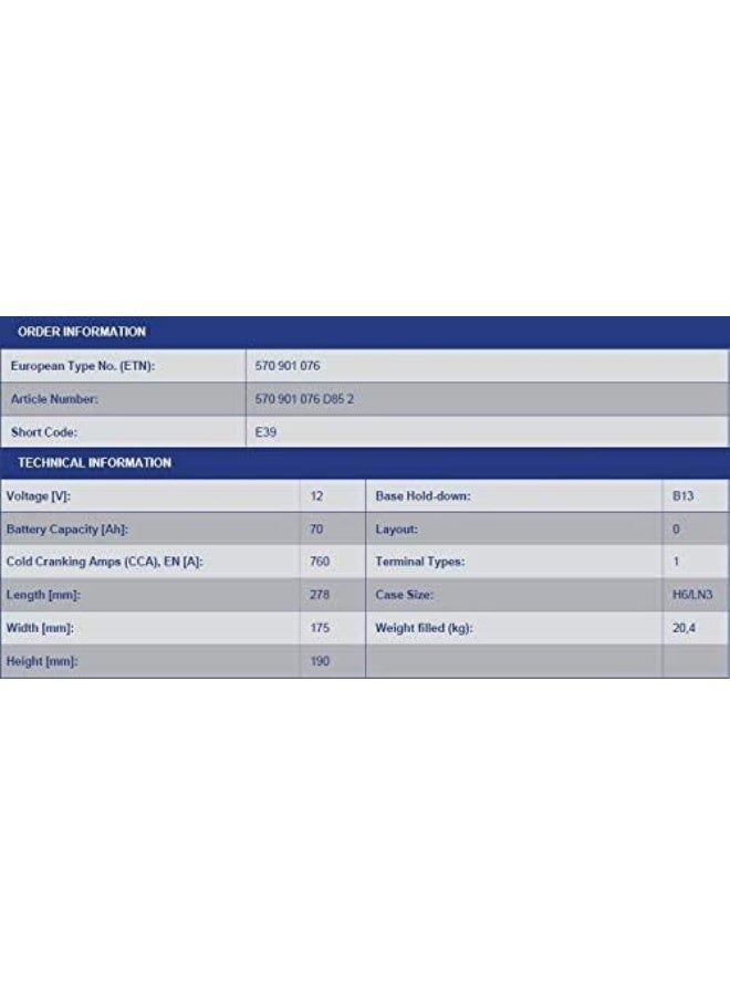 Varta E-39 12V DIN 70AH AGM Car Battery - Image 3