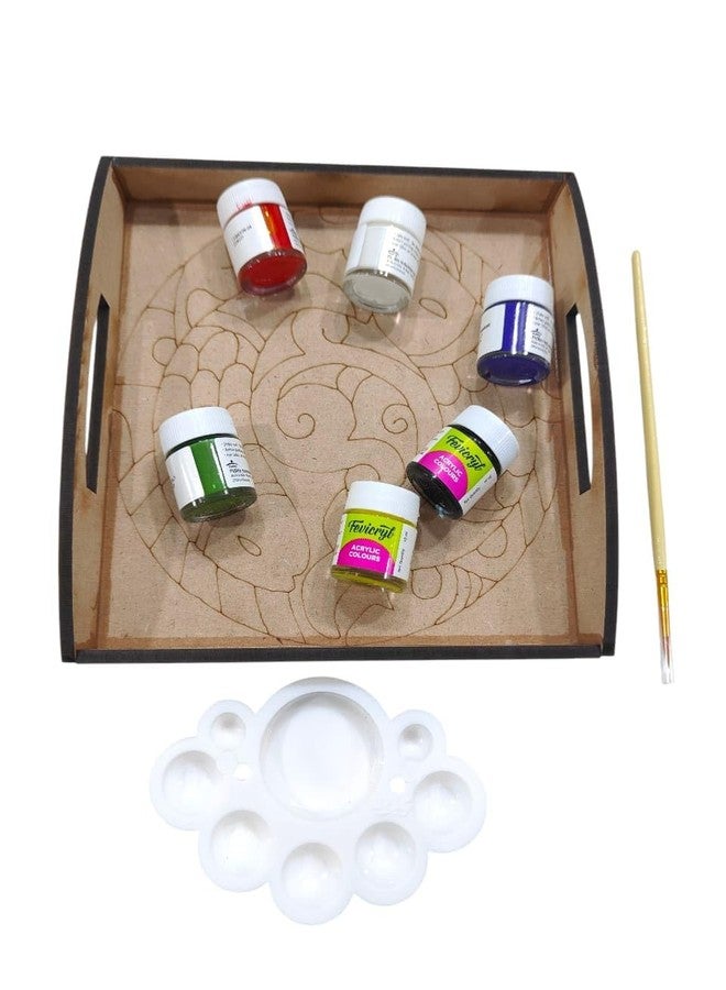 GreyArt DIY Wooden Tray Kit with Acrylic Colours | Craft Kit | MDF Serving Tray with Paints, Brush & Palette | Art & Craft Kit for Kids & Adults | Home Decor DIY Activity (Madhubani Design) - Image 1