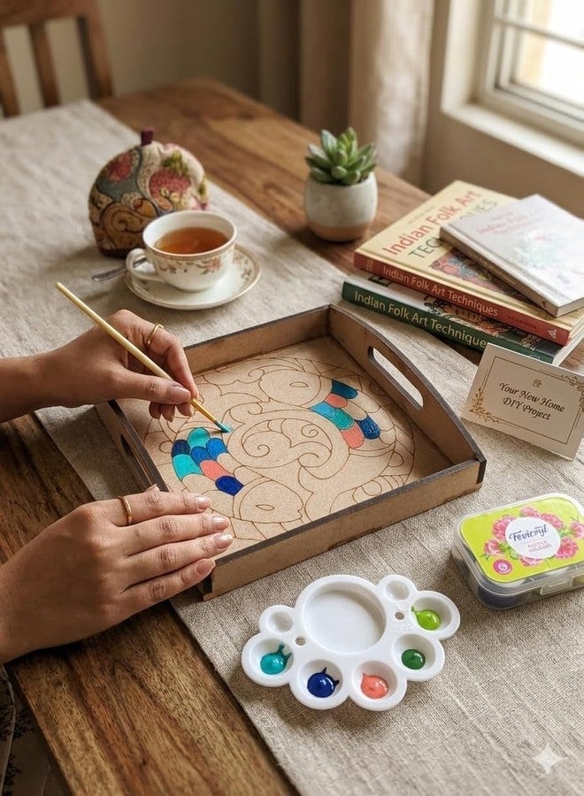 GreyArt DIY Wooden Tray Kit with Acrylic Colours | Craft Kit | MDF Serving Tray with Paints, Brush & Palette | Art & Craft Kit for Kids & Adults | Home Decor DIY Activity (Madhubani Design) - Image 2