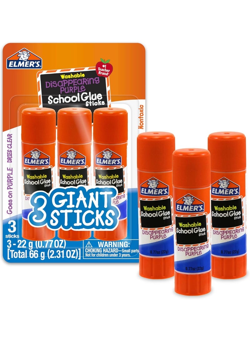 Elmer's Disappearing Purple School Glue Sticks, Washable, 22 Grams, 3 Count