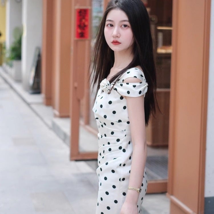 French Style Polka Dot Dress, High Waist, A-Line Maxi Dress - Image 2