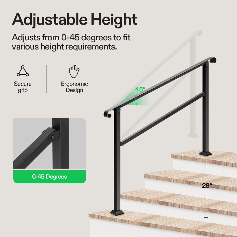 VIVOSUN Outdoor Handrail, 54" x 36" Fits 1-4 Steps, Wrought Iron Stair Railing with Curved Ends, One-Step Assembly, Black - Image 5