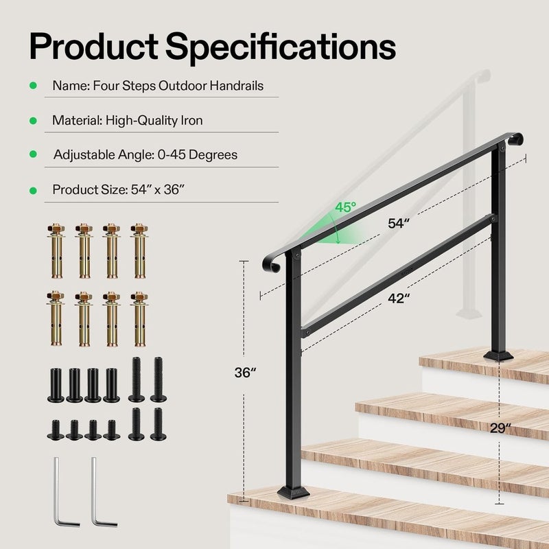 VIVOSUN Outdoor Handrail, 54" x 36" Fits 1-4 Steps, Wrought Iron Stair Railing with Curved Ends, One-Step Assembly, Black - Image 2