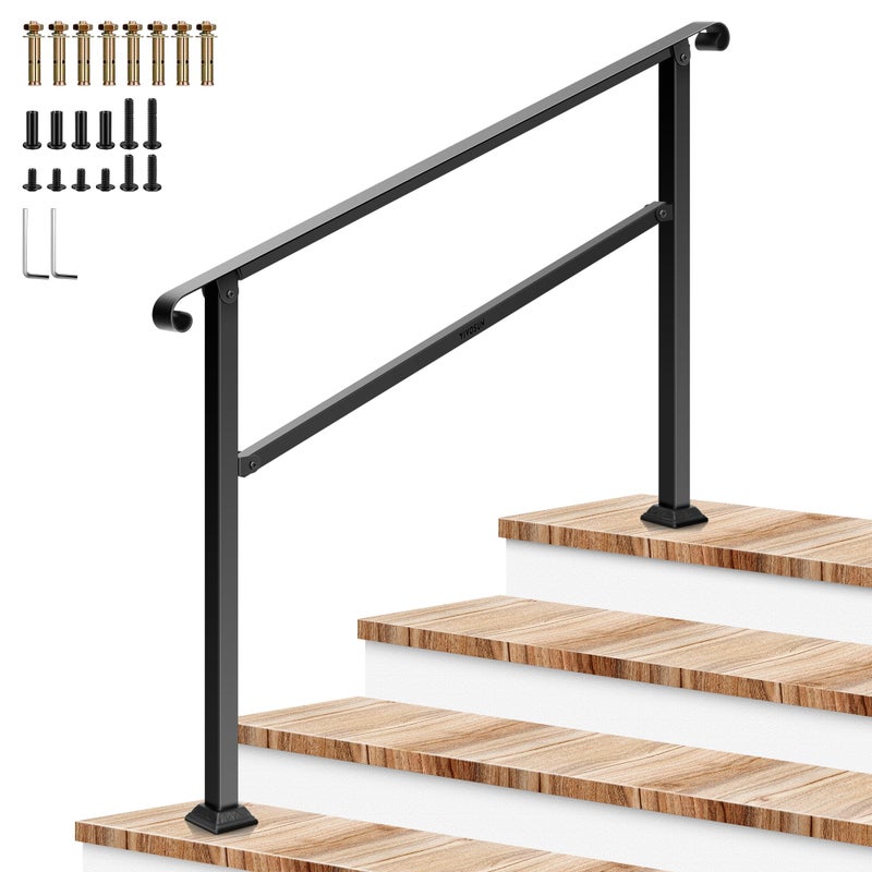 VIVOSUN Outdoor Handrail, 54" x 36" Fits 1-4 Steps, Wrought Iron Stair Railing with Curved Ends, One-Step Assembly, Black - Image 1