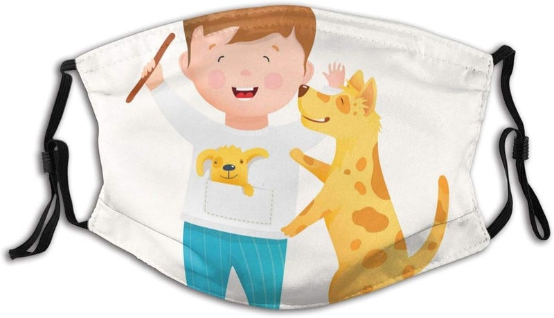 klarako Boy Dog Playing Puppy Cute Drawn Pup Training His Kid Happy Little Dust Washable Reusable Filter and Reusable Mouth Warm Windproof Cotton Face - Image 1