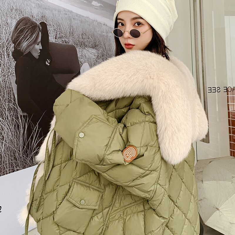 2024 Winter Fox Fur Collar Down Parka Women Warm Leather Coat beige