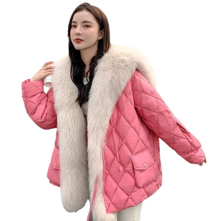 2024 Winter Fox Fur Collar Down Parka Women Warm Leather Coat beige