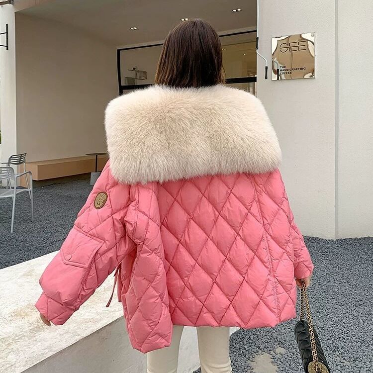 2024 Winter Fox Fur Collar Down Parka Women Warm Leather Coat beige