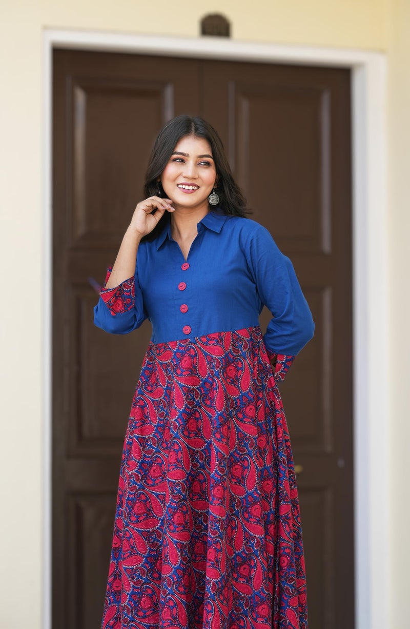 Yash Gallery Women’s Cambric Cotton Printed Flared Maxi Dress with Collar Neck & 3/4 Sleeves (Red & Blue) - Image 3