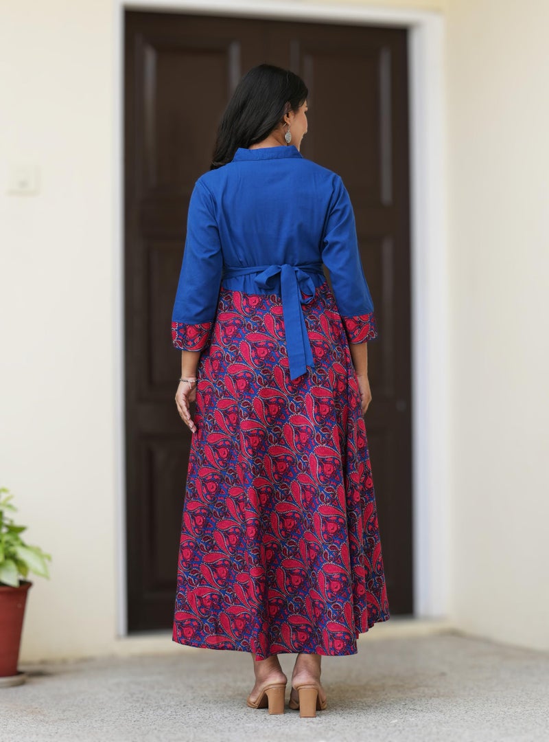 Yash Gallery Women’s Cambric Cotton Printed Flared Maxi Dress with Collar Neck & 3/4 Sleeves (Red & Blue) - Image 5
