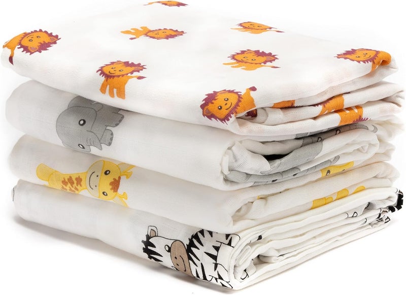 Cuddle Bug CuddleBug Muslin Baby Swaddle Blankets for Boys and Girls Size Large 4 x 4 Feet – Muslin Cotton 4 Pack (Safari Friends) - Image 1