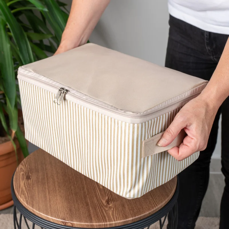 Nacarev 4 Pieces Small Size Line Pattern Printed Beige Base Under Cabinet Organizer Storage Bag Set 30x20x15 cm