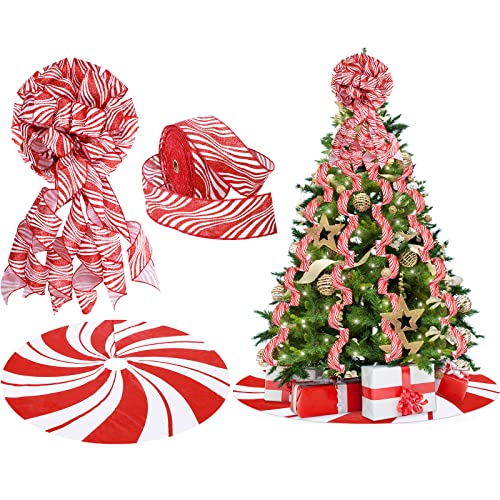 Zomiboo Christmas Tree Decoration Set Include Candy Cane Christmas Topper Bow 40 Inch Red White Tree Skirt Decorative Xmas Wired Ribbons for Xmas Party Holiday Home Decor - Image 1