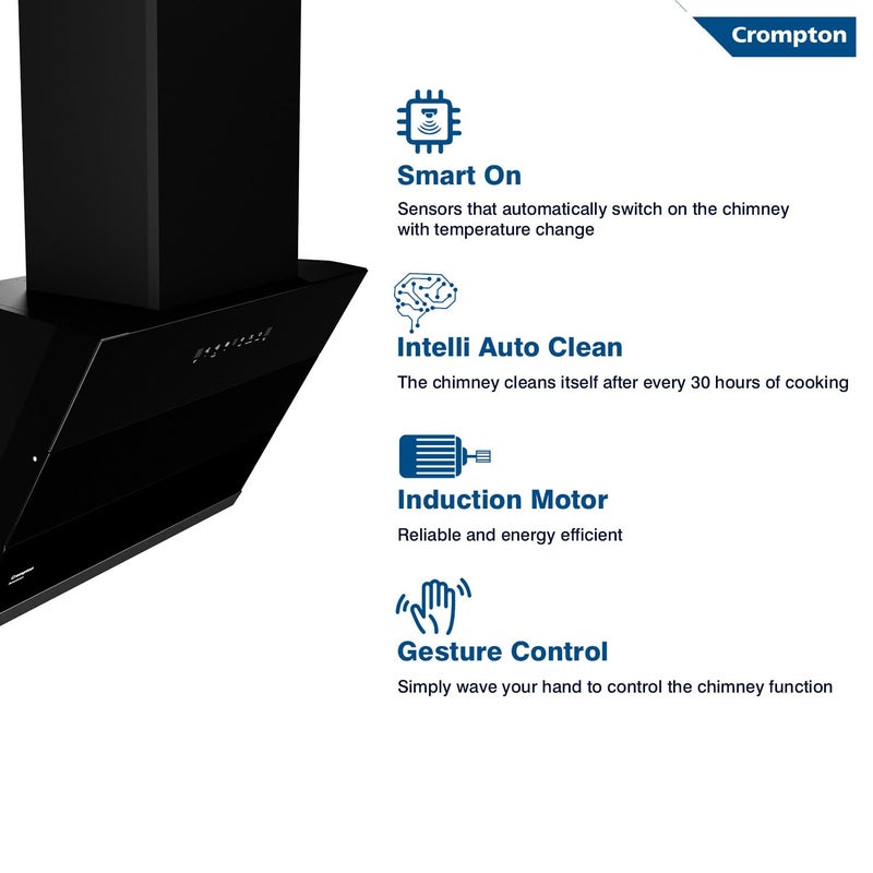 Crompton Crompton SensoSmart Inclined 60cm Filter less Auto Clean Wall Mounted Chimney Black 1290 CMH CHDSSI60FLEMBL  - Image 2