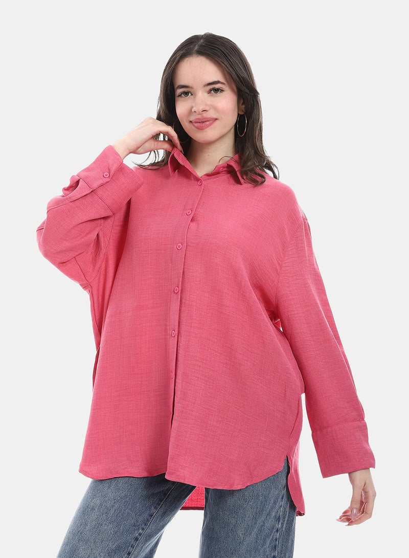 Andora Turned down Collar Long Sleeve Blouse - Fuchsia - Image 1