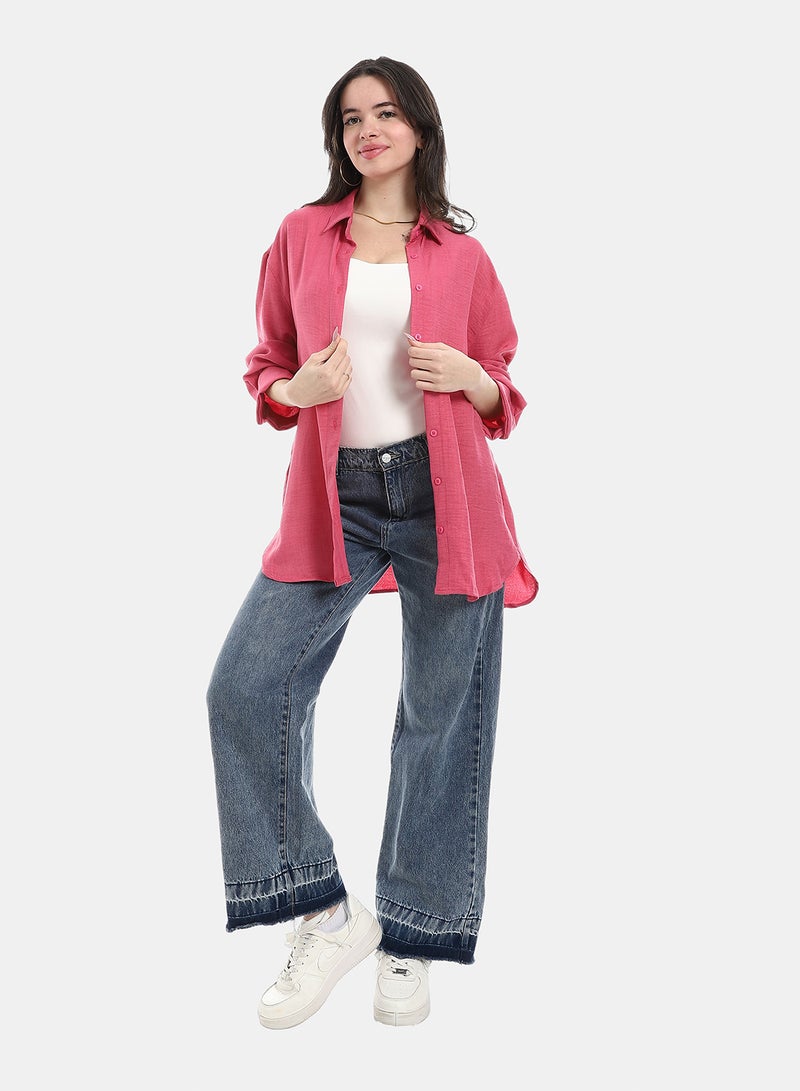 Andora Turned down Collar Long Sleeve Blouse - Fuchsia - Image 3