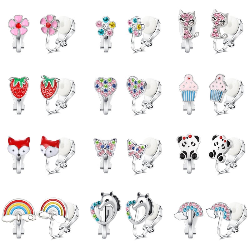 FUNRUN JEWELRY 12 Pairs Clip On Earrings for Women Hypoallergenic Fake Non Pierced Earrings Cute CZ Cat Fox Turtle Rainbow Flower Butterfly Heart Clip-On Earring Set Multicolored Silver B - Image 1