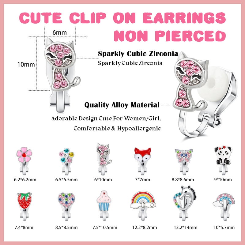 FUNRUN JEWELRY 12 Pairs Clip On Earrings for Women Hypoallergenic Fake Non Pierced Earrings Cute CZ Cat Fox Turtle Rainbow Flower Butterfly Heart Clip-On Earring Set Multicolored Silver B - Image 2