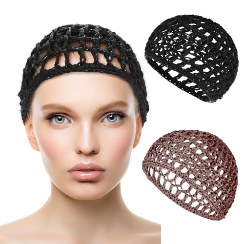 WLLHYF 2-Pack Elastic Sleep Hair Nets Breathable Knit Sleeping Cap Stretchy Mesh Bandana for Curly, Straight Frizzy Hair Anti-Frizz Shower Bathing Hat for Protection Moisture Absorption(Brown/Black) - Image 1