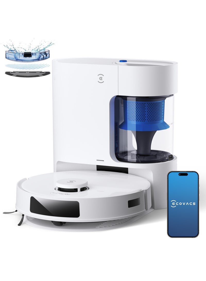 إيكوفاكس روبوت مكنسة كهربائية DEEBOT، 8000 با قوة شفط قوية للتنظيف العميق والمسح، تقنية مضادة للتشابك، تخطيط مسار ذكي TrueMapping، تفريغ تلقائي، تحكم عبر التطبيق - Image 1