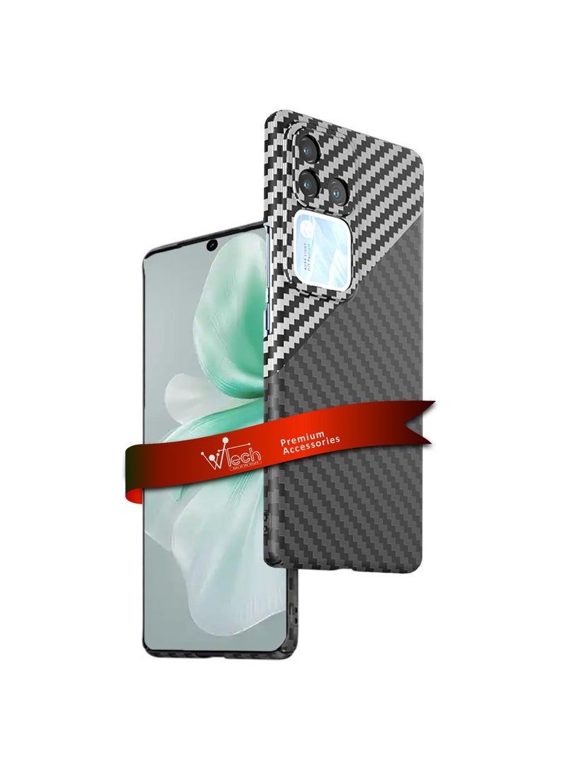 Wtech Hand Back Silicone Carbon Fiber Texture Case Cover For Vivo V30 / V30 Pro 5G 2024 Black/White - Image 1