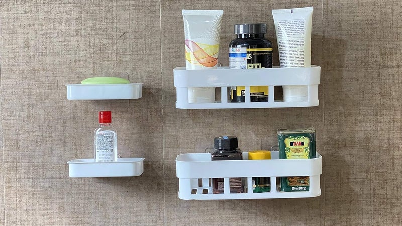 FosCadit Multipurpose Kitchen Bathroom Wall Corner Shelf Caddy and Soap Dish Soap Box with Strong Magic StickerCombo Bathroom Shelve 2Pcs Soap Stand 2Pcs White Color - Image 1
