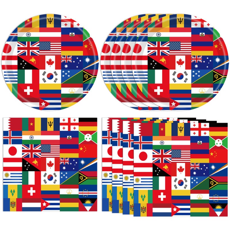 DURYGEN International World Flags Tableware Set International Flags Decorations Plates and Napkins for Travel Trip Around the Globe Retirement,School, Sports Events, Grand Opening, Party - Image 1