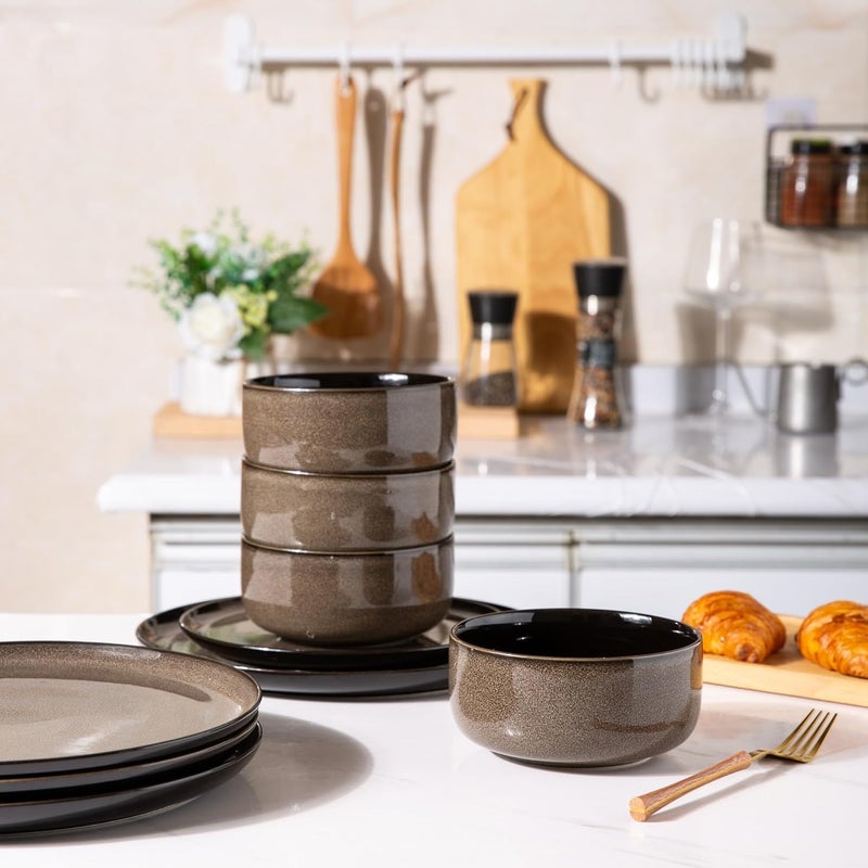 LeRATIO Ceramic Dinnerware Set of 4 Poreclain Plates Bowls Handmade Reactive Glaze Dishes Chip Resistant Oven  Dishwasher Safe Service for 4Chestnut - Image 4