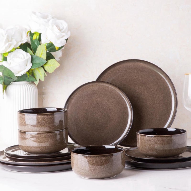 LeRATIO Ceramic Dinnerware Set of 4 Poreclain Plates Bowls Handmade Reactive Glaze Dishes Chip Resistant Oven  Dishwasher Safe Service for 4Chestnut - Image 1