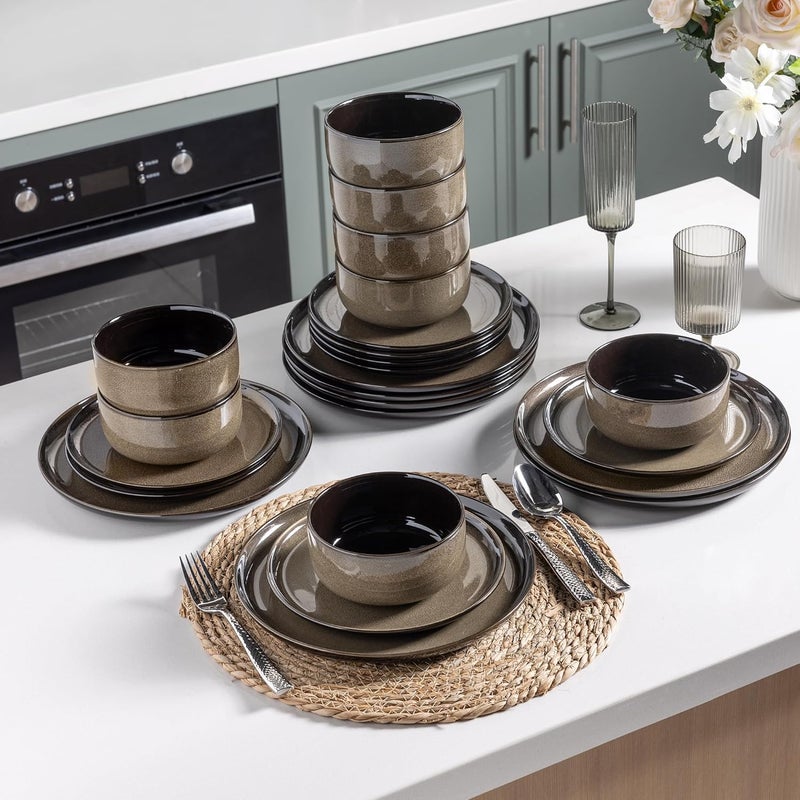 LeRATIO Ceramic Dinnerware Set of 4 Poreclain Plates Bowls Handmade Reactive Glaze Dishes Chip Resistant Oven  Dishwasher Safe Service for 4Chestnut - Image 3