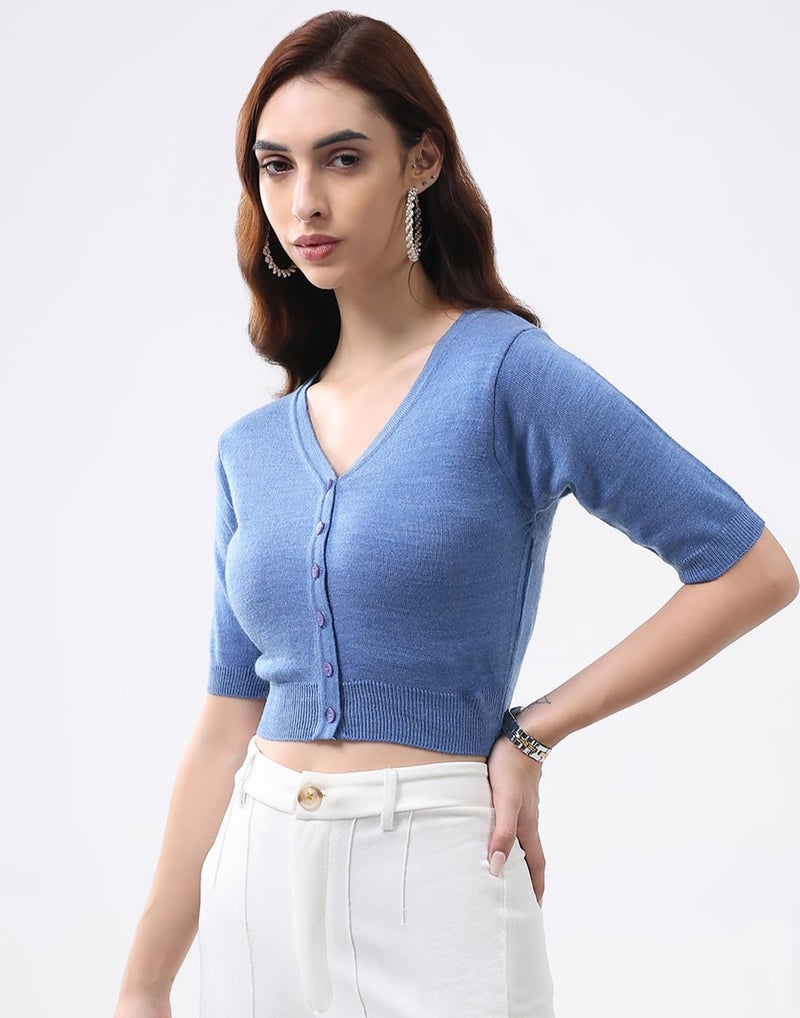 Monte Carlo Women's Regular Fit Cardigan | Stylish Solid Design | Button Closure | Warm Half Sleeves V Neck Fashion Cardigan for Women's Blue XL (Pack of 1) - Image 2