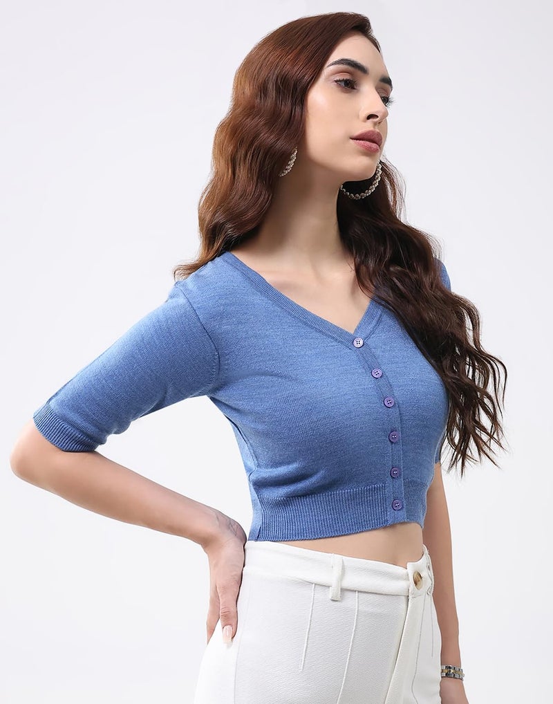 Monte Carlo Women's Regular Fit Cardigan | Stylish Solid Design | Button Closure | Warm Half Sleeves V Neck Fashion Cardigan for Women's Blue XL (Pack of 1) - Image 3