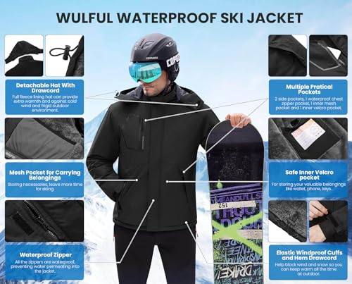 WULFUL Men's Waterproof Ski Jacket Warm Winter Coats Windproof Winter Jackets for Men Fleece Lined Windbreaker with Hood - Image 4