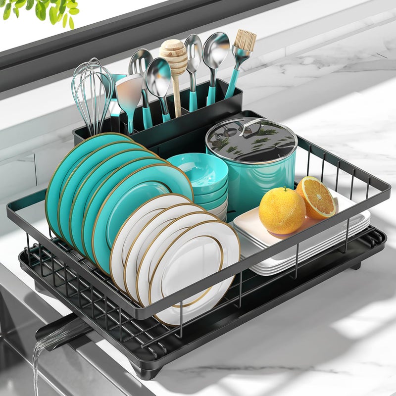 MERRYBOX Dish Drying Rack Space-Saving Dish Racks for Kitchen Counter, Rustproof Drying Rack Kitchen with Large Utensil Holder and Increased Feet, 16.5" D x 11.4" W x 5.65" H, Black - Image 1