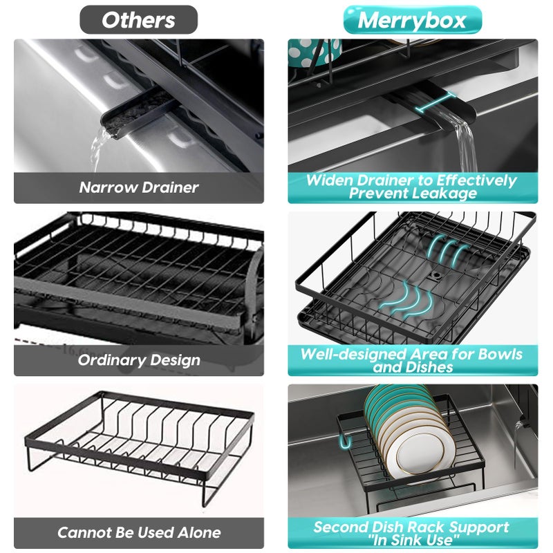 MERRYBOX Dish Drying Rack Space-Saving Dish Racks for Kitchen Counter, Rustproof Drying Rack Kitchen with Large Utensil Holder and Increased Feet, 16.5" D x 11.4" W x 5.65" H, Black - Image 4