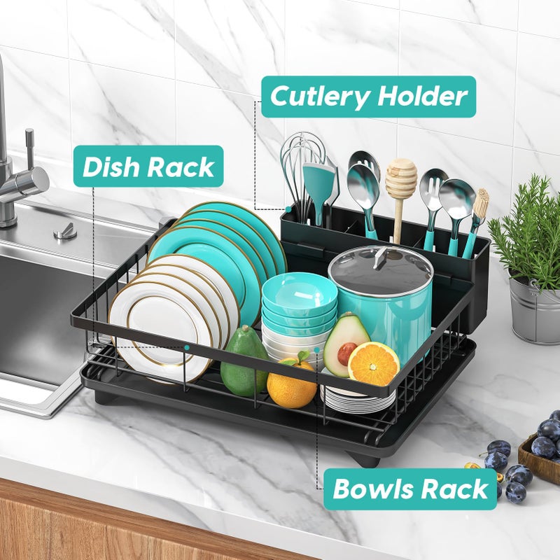 MERRYBOX Dish Drying Rack Space-Saving Dish Racks for Kitchen Counter, Rustproof Drying Rack Kitchen with Large Utensil Holder and Increased Feet, 16.5" D x 11.4" W x 5.65" H, Black - Image 5