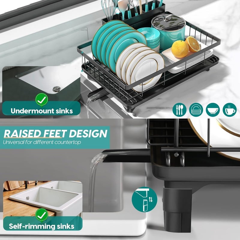 MERRYBOX Dish Drying Rack Space-Saving Dish Racks for Kitchen Counter, Rustproof Drying Rack Kitchen with Large Utensil Holder and Increased Feet, 16.5" D x 11.4" W x 5.65" H, Black - Image 2