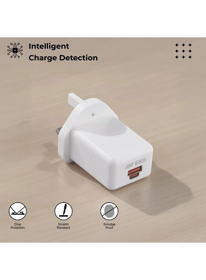 ERD شاحن سريع ERD 20W PD - محول طاقة مزدوج المنفذ USB-A و USB-C | شحن سريع 20W | حماية من الدائرة القصيرة، الحمل الزائد وارتفاع الجهد | أبيض | تصميم مدمج للاستخدام المنزلي والسفر - Image 4