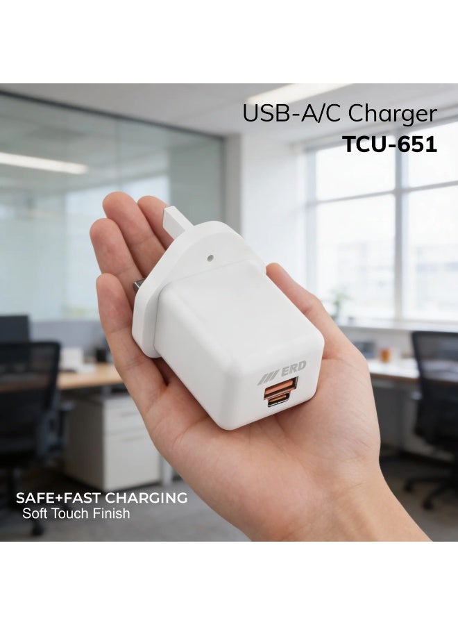 ERD شاحن سريع ERD 20W PD - محول طاقة مزدوج المنفذ USB-A و USB-C | شحن سريع 20W | حماية من الدائرة القصيرة، الحمل الزائد وارتفاع الجهد | أبيض | تصميم مدمج للاستخدام المنزلي والسفر - Image 3