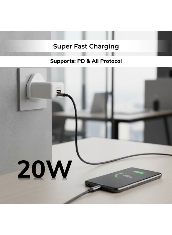 ERD شاحن سريع ERD 20W PD - محول طاقة مزدوج المنفذ USB-A و USB-C | شحن سريع 20W | حماية من الدائرة القصيرة، الحمل الزائد وارتفاع الجهد | أبيض | تصميم مدمج للاستخدام المنزلي والسفر - Image 1
