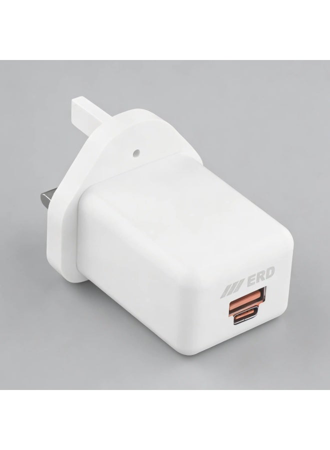 ERD شاحن سريع ERD 20W PD - محول طاقة مزدوج المنفذ USB-A و USB-C | شحن سريع 20W | حماية من الدائرة القصيرة، الحمل الزائد وارتفاع الجهد | أبيض | تصميم مدمج للاستخدام المنزلي والسفر - Image 2