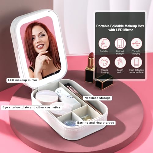 VVRAT V-VRAT LED Makeup Box with Adjustable Light-Up Mirror, 3 Color Light Settings, Dust-Proof Cosmetic Case, Jewelry Organizer and Multi-Compartment Storage Box for Women (Pink) - Image 4