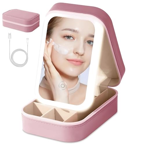 VVRAT V-VRAT LED Makeup Box with Adjustable Light-Up Mirror, 3 Color Light Settings, Dust-Proof Cosmetic Case, Jewelry Organizer and Multi-Compartment Storage Box for Women (Pink) - Image 1