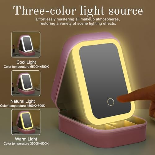 VVRAT V-VRAT LED Makeup Box with Adjustable Light-Up Mirror, 3 Color Light Settings, Dust-Proof Cosmetic Case, Jewelry Organizer and Multi-Compartment Storage Box for Women (Pink) - Image 2