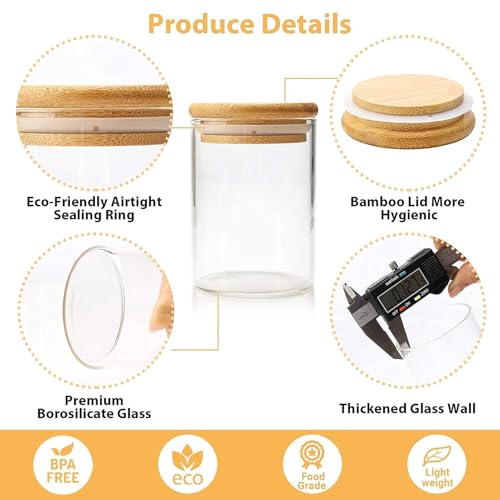 SILIVO Spice Jars with Airtight Bamboo Lid | 220ml Glass Spice Bottles, Seasoning Containers for Salt, Sugar, Coffee Beans | Set of 12 Round Jars with Wooden Lids, Transparent - Image 5