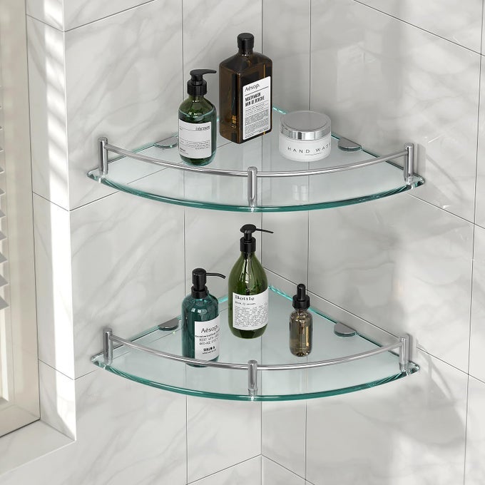 GLASS CORNER SHELVES TEMPERED BATHROOM EESTANTES PARA BAOS WITH RAIL WALL MOUNTED DRILL HOLE FOR CORNER SHOWER SHELF FOR INSIDE SHOWER 2 PACKSLIVER